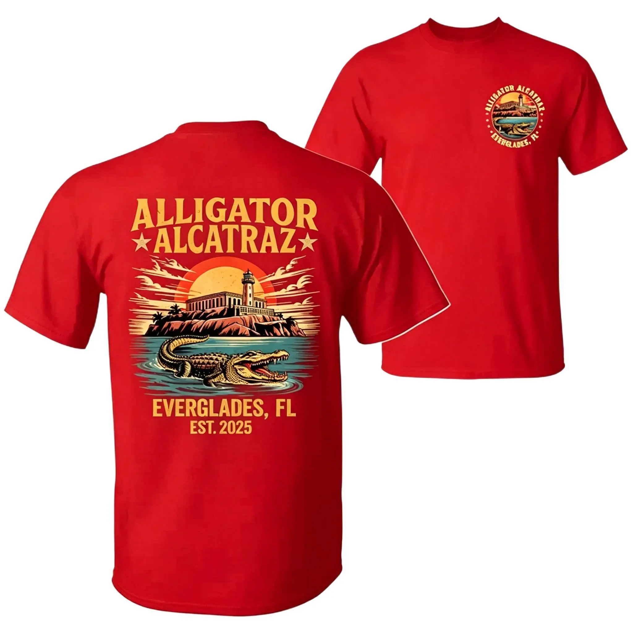 Retro Alligator Alcatraz 2‑Sided Graphic Tee, Funny Florida Everglades Dark Humor T‑Shirt, Southern Meme Outfit, Viral Gator Print Top, Unisex Casual Streetwear, Same‑Day Dispatch Fast Shipping For Meme Lovers & Trendy Outfit Enthusiasts