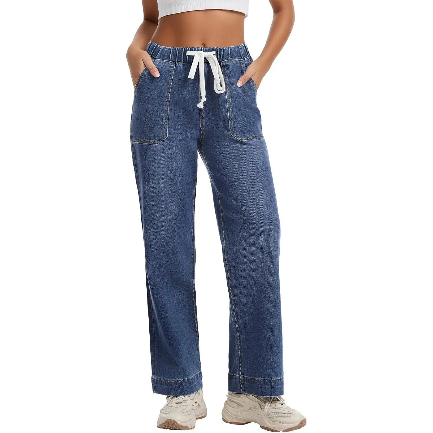 Women's High-Waisted Pull-On Straight Leg Denim Bottoms, Elastic Waist with Drawstring, Stretchy Basic Casual Wear Pants