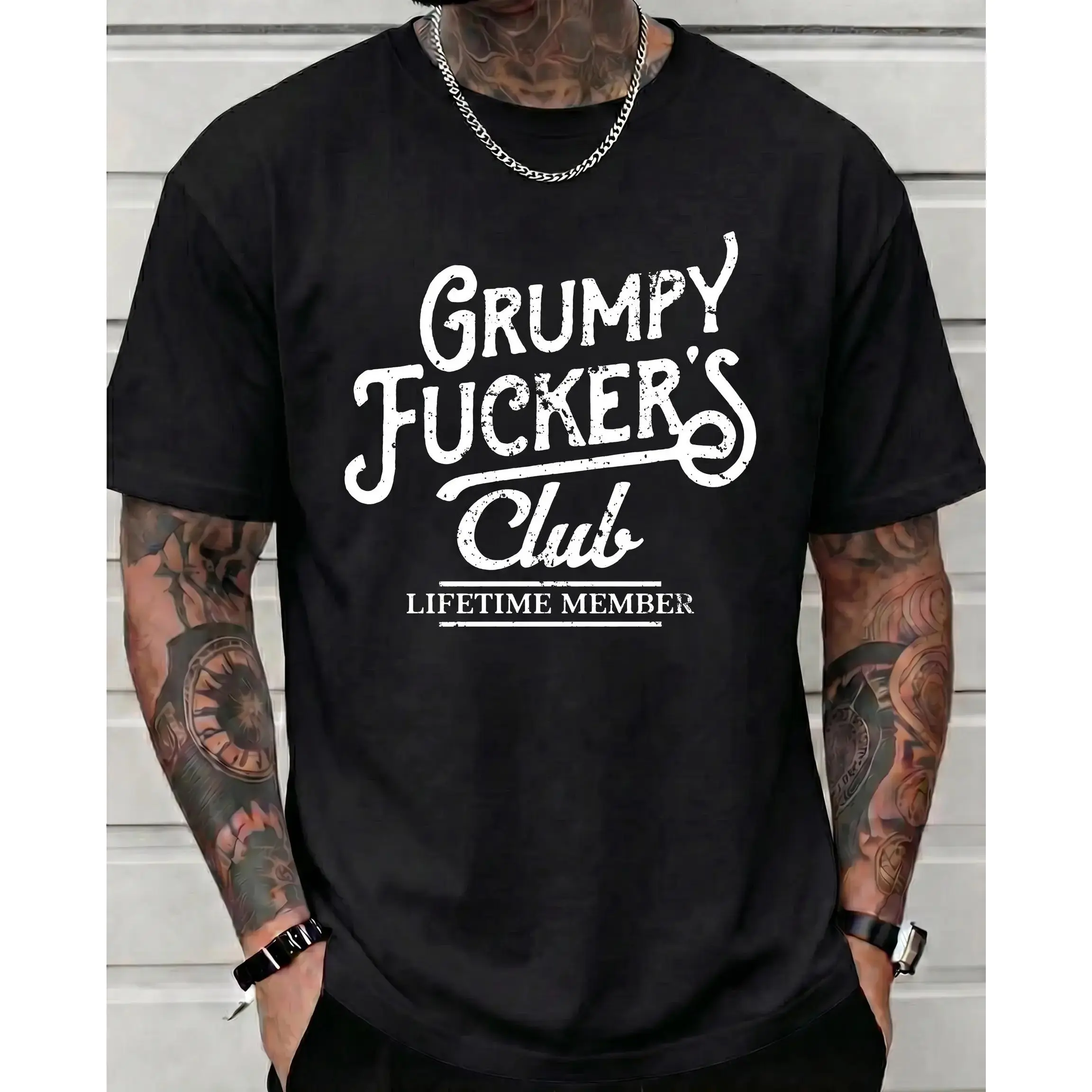 Grumpy F*cker's Club Lifetime Member Mens Funny Sarcastic Oversized Cotton Shortsleeve T-Shirt - Smooth, Soft, Seamless Menswear, Retro Bad Mood Club Streetwear Top Gift For Him