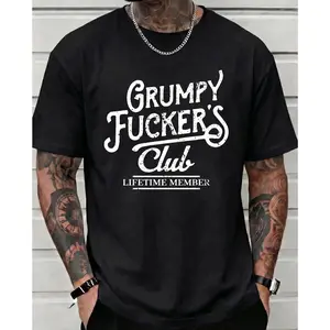 Grumpy F*cker's Club Lifetime Member Funny Sarcastic T-Shirt For Men Sassy Graphic Tee Oversized Cotton Short Sleeve Retro Bad Mood Club Streetwear Top Gift For Him