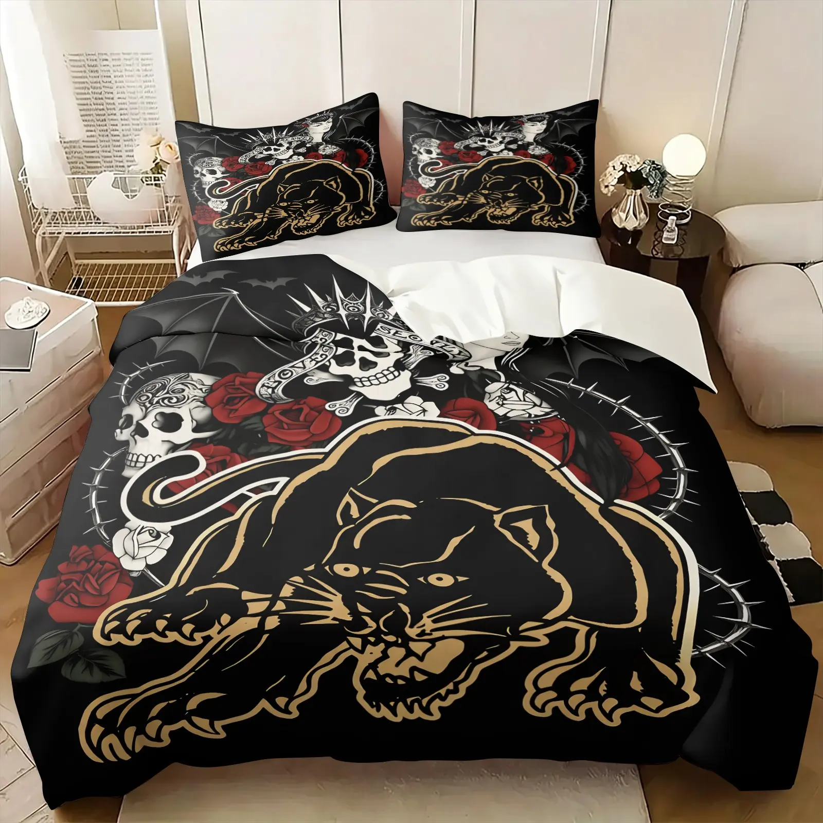 Traditional Old School Tattoo Pattern Duvet Cover Set, Include 1 Comforter Cover and 1/2 Pillowcases without Core, Dark Black Background Gold Panther Skeleton Red Floral Print Quilt Cover, All Season Breathable Washable Punk Style Bedroom Fashion Bedding