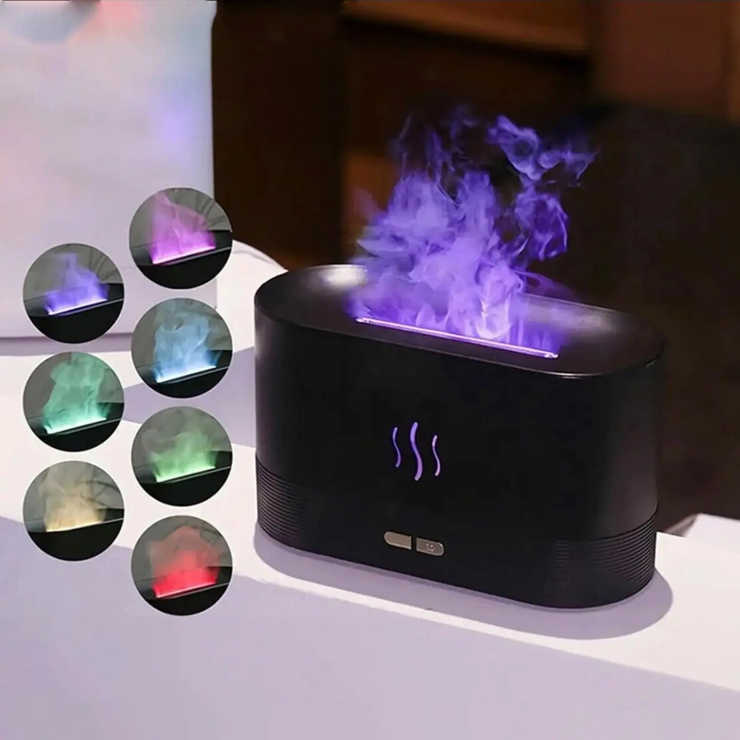 USB Powered Portable Colorful Night Light Humidifier, USB Colorful Night Light Humidifier, USB Night Light Humidifier, Colorful Flame Aroma Diffuser with 7 Changing Colors, 180ml (Black), Flame-Like