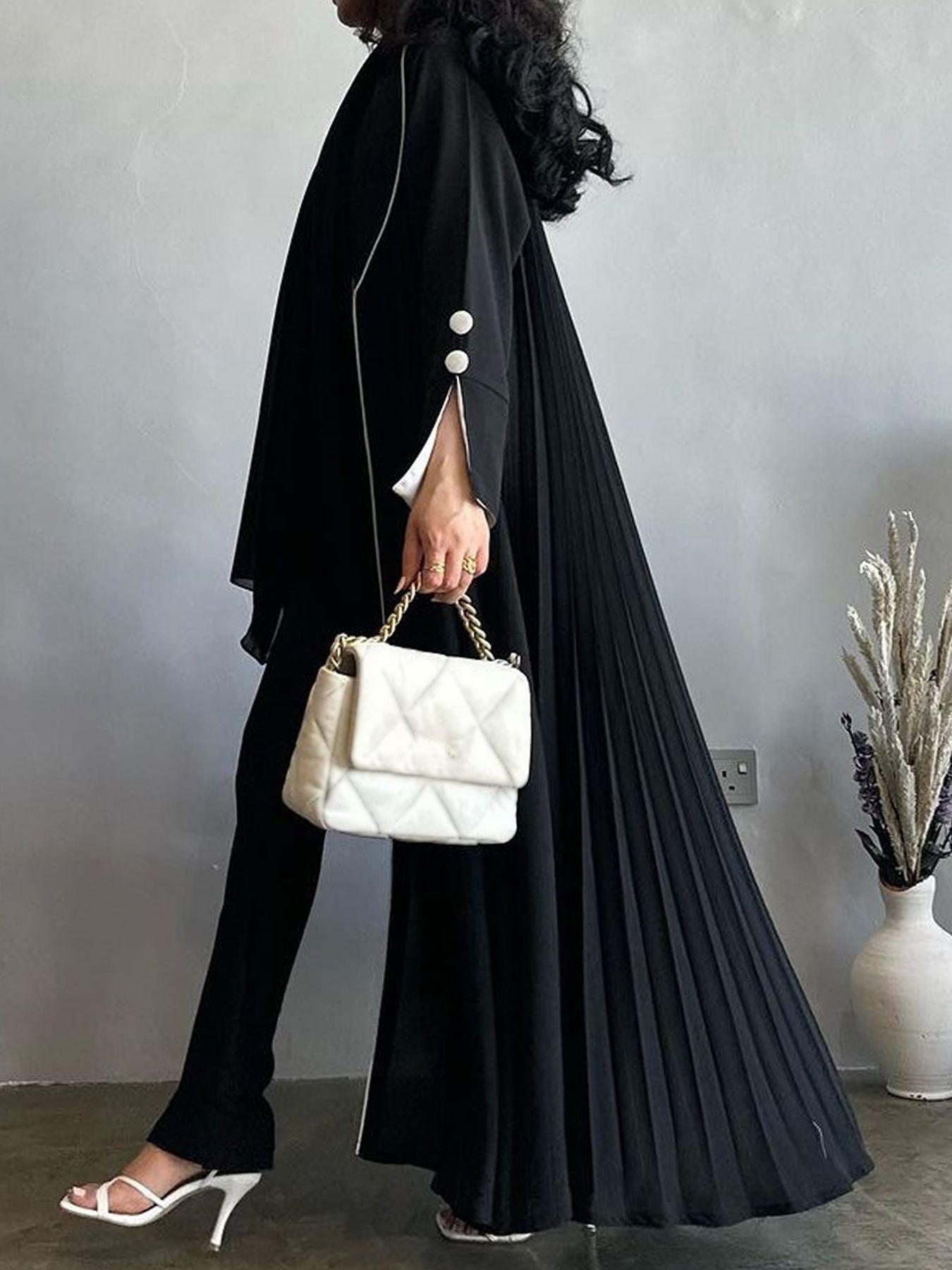 Women's Contrast Binding Open Front Abaya, Modesty Abaya, Elegant Long Sleeve Pleated Drawstring Outerwear for Spring & Fall, Ladies Islamic Clothing for Daily Wear