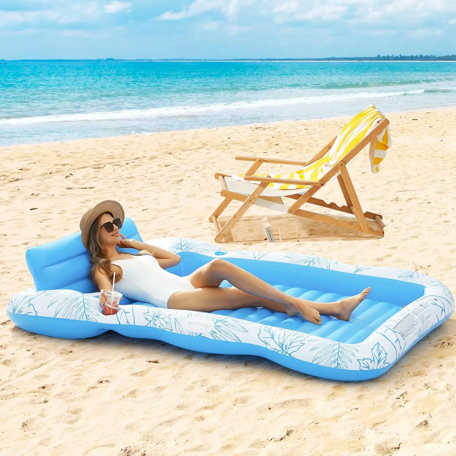 Inflatable Adult Pool Lounger Float -  Large Beach Sun Tanning Floats Raft Sunbathing Water Lounge Floaties Tub with Drink Holder - Blow Up River & Lake Suntan Floating Swimming Mattress Mat