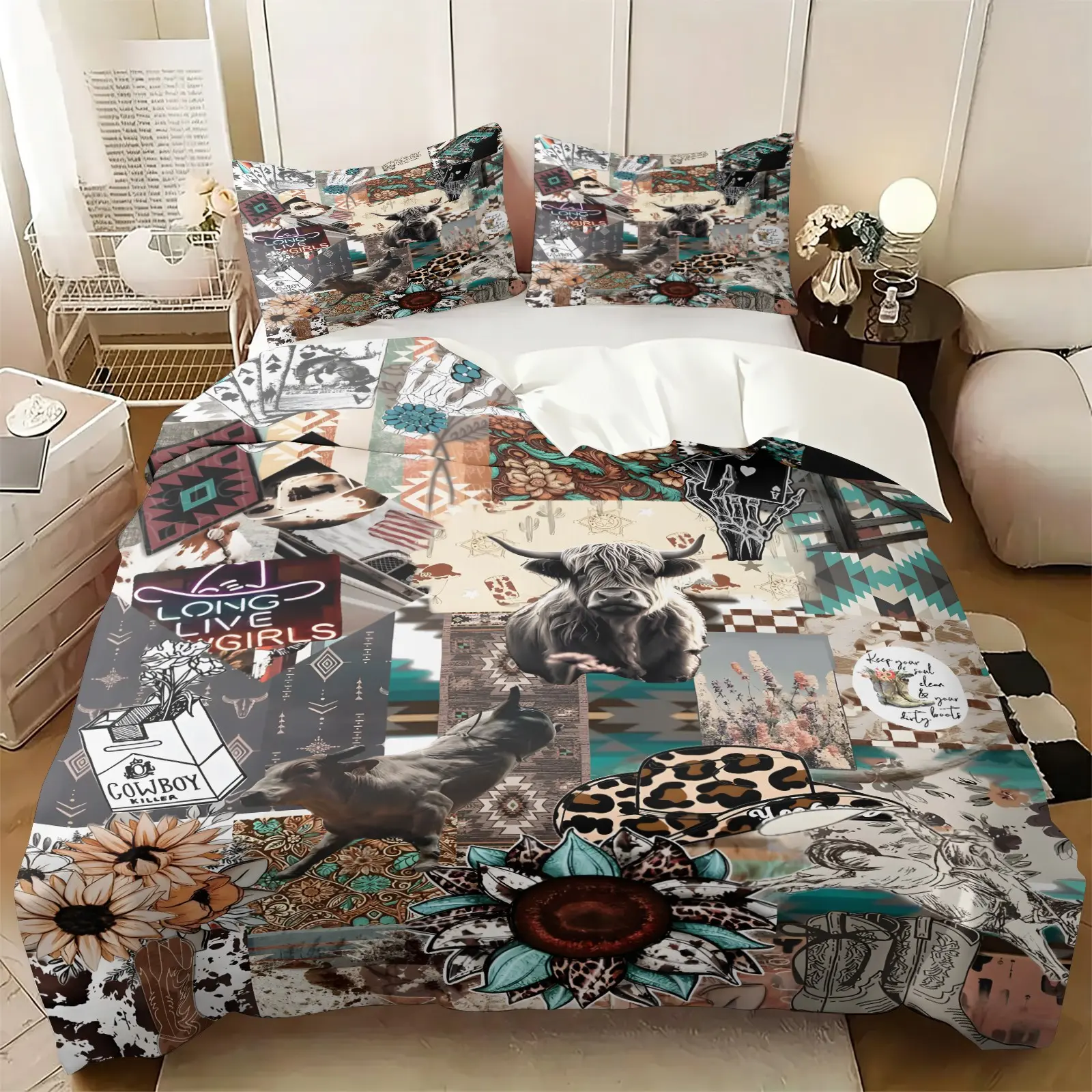 2/3-Piece Western Cowboy Patchwork printing Duvet Cover Set, Highland Cow Sunflower Bohemian Style Soft and Comfortable Bedding Set, Retro Country and Southwest Style Boy and Girl Bedroom Decoration (Includes 1 Comforter Cover + 1 or 2 Pillowcases)
