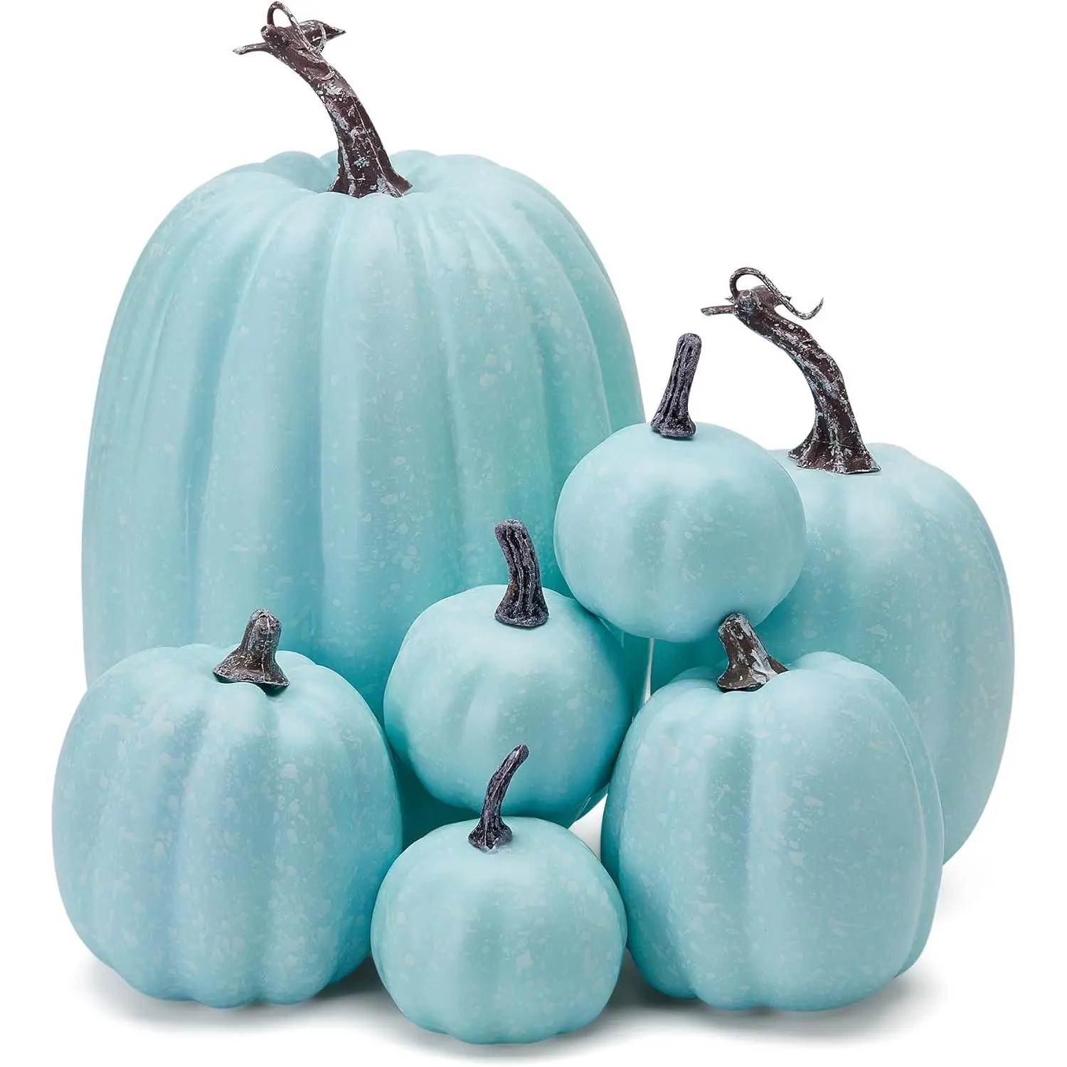 7Pcs Mixed Style Artificial Pumpkins for Halloween Thanksgiving Harvest Decoration Rural Farmhouse Foam Pumpkins for Tabletop Dining Table Party Decor Light Blue