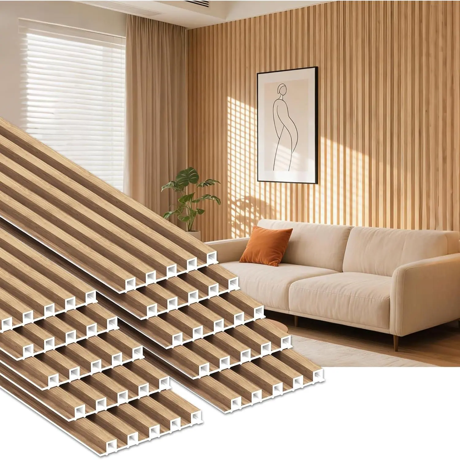 WPC Slat Wall Panels, 90.5 x 7.9 x 0.8Inches 10Pack  Accent Wall Paneling for Interior  Decor Living Room, TV Background, Office, Bedroom (Elm)
