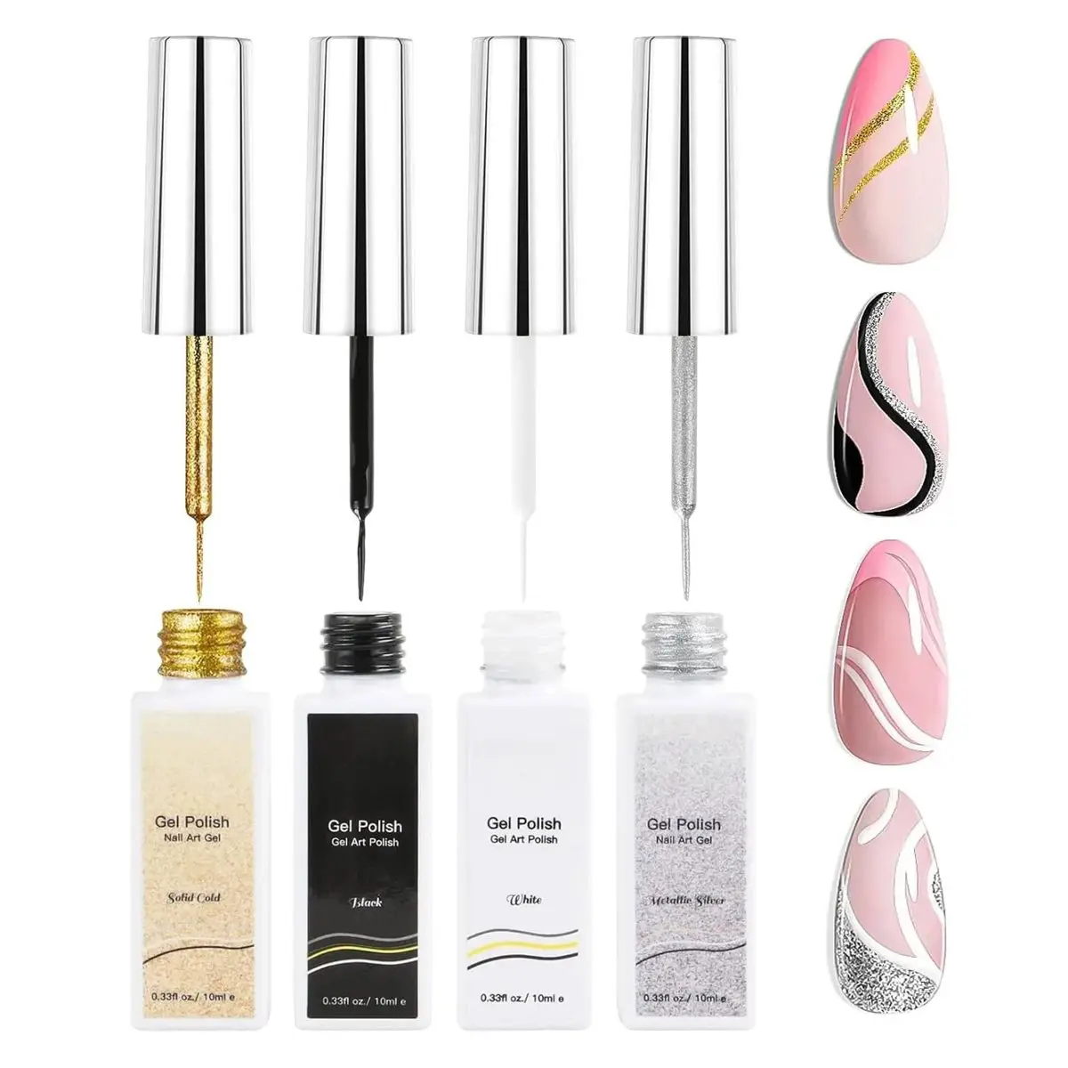 Gel Liner Nail Art Polish Set 10ml Black White Gold Silver Built-In Thin Brush Drawing Paint For French Tip Swirl Euphoria DIY Home Manicure Decor #GelLiner #NailArtGel #DIYNails #HomeManicure #FrenchTipNails #EuphoriaNails