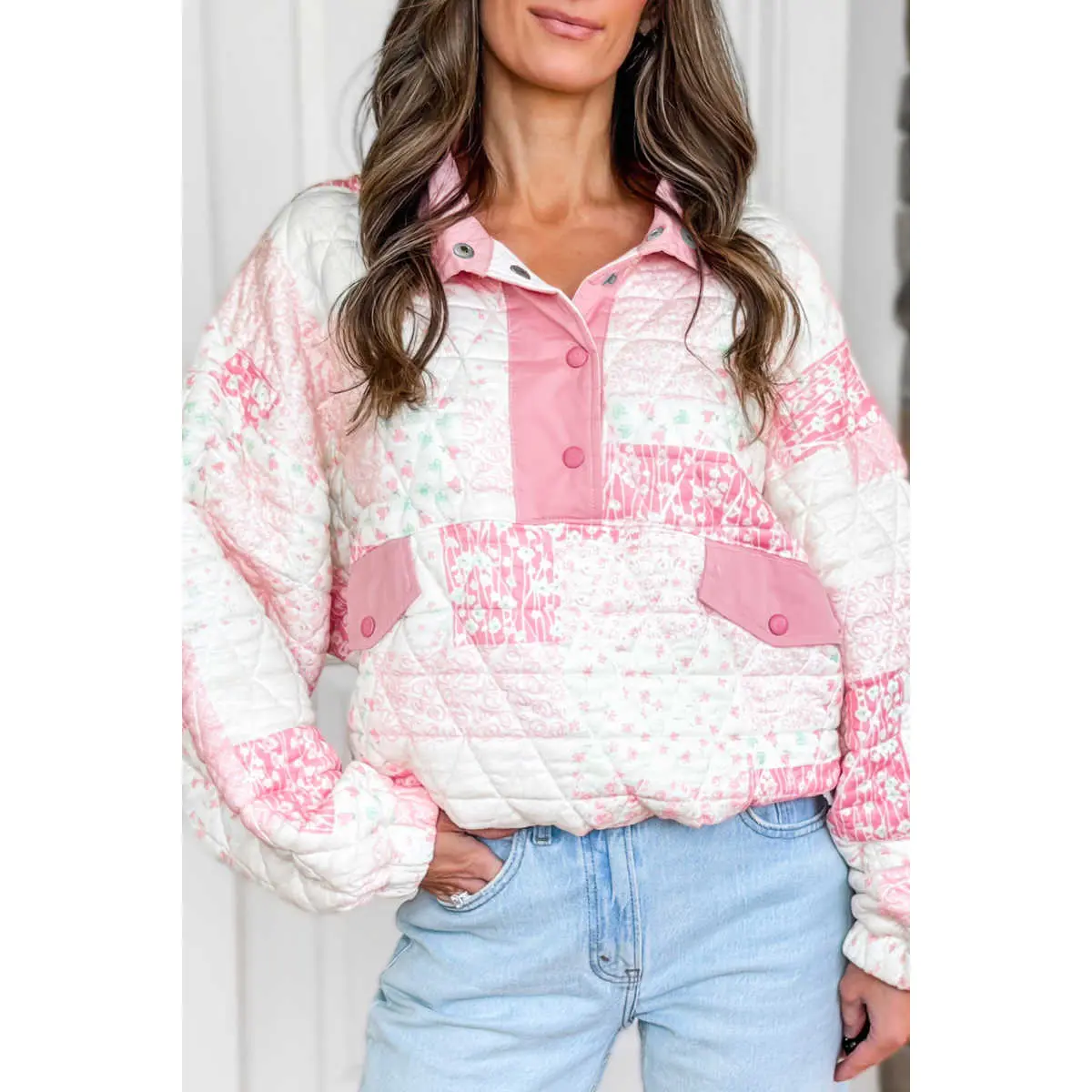 Pink Floral Quilted Half Button Pocketed Pullover Sweatshirt