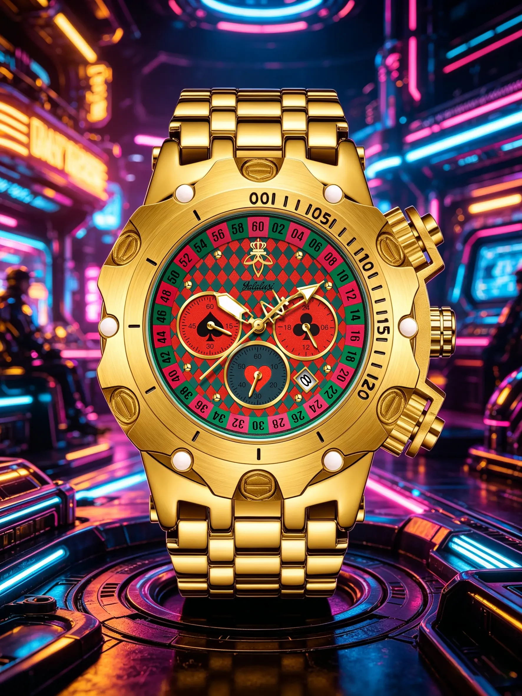 Poker Suit Chronograph Trend Watch, All-Gold Roulette Dial Men's Wristwatch, Casino Style Extra-Large Men's Watch, Comes With Gift Box