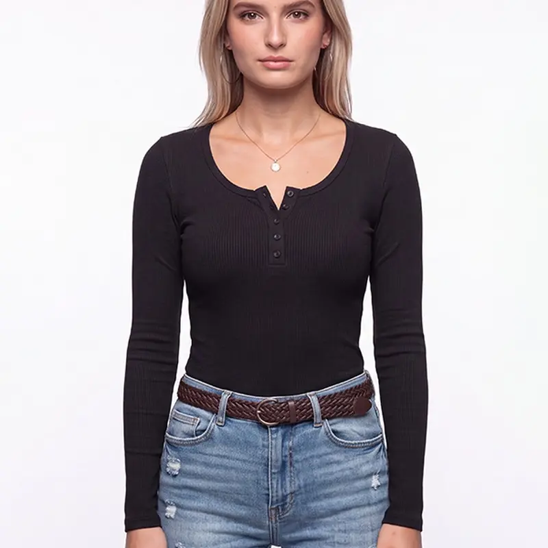 Women's Long Sleeve Henley Shirt, Soft Ribbed Button-Front Top for Work and Daily Wear