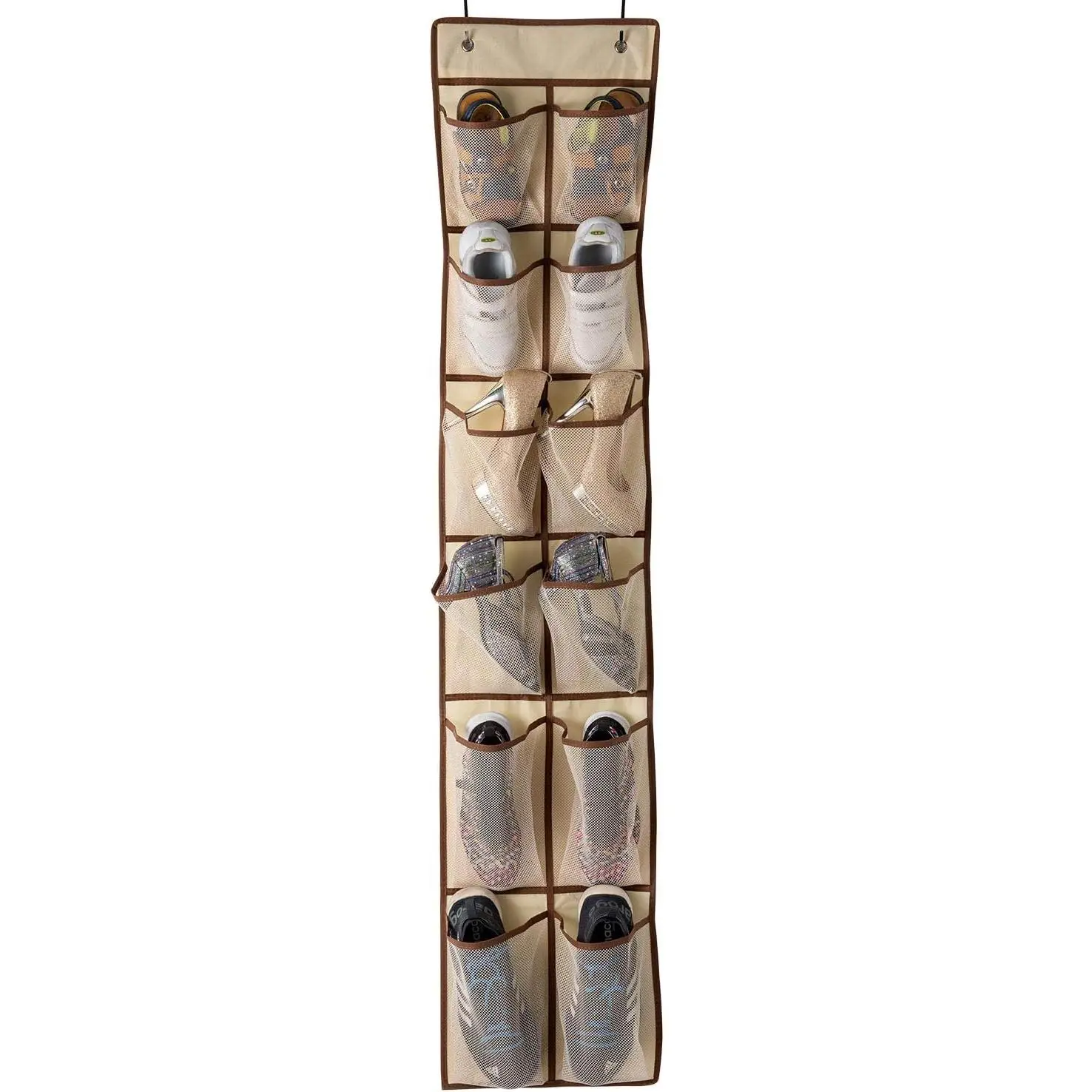 Over The Door Shoe Organizer, Shoe Organizer 12 Mesh Pockets Shoe Organizer for Closet,Works Well for Men and Woman  Shoes Storage, 57.5×12.6inch(Beige)