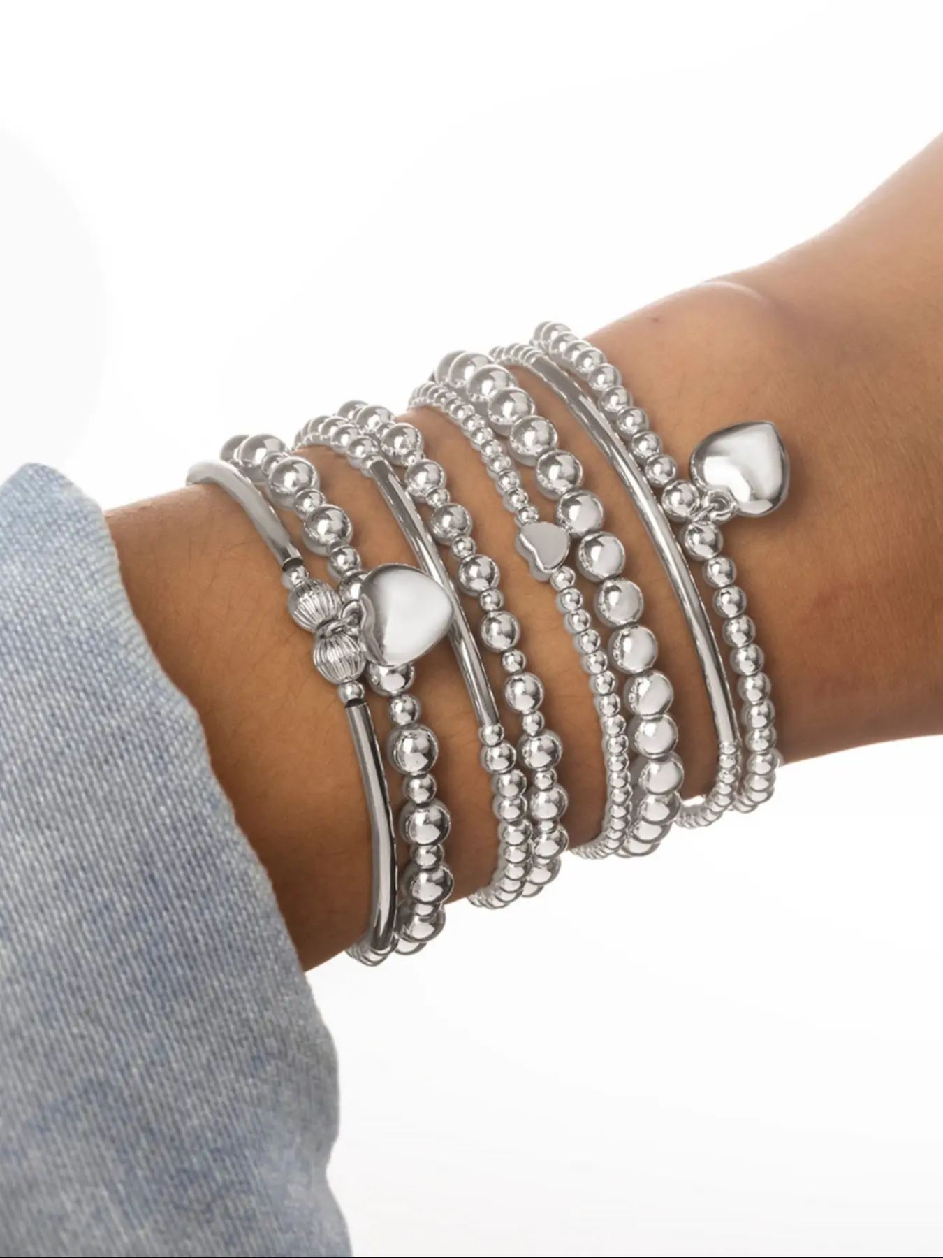 8-Piece Heart Silver Color Beaded Bracelet Set, Boho Style, Casual Jewelry, Perfect for Daily Wear and Music Festivals, Beaded Bracelets Set