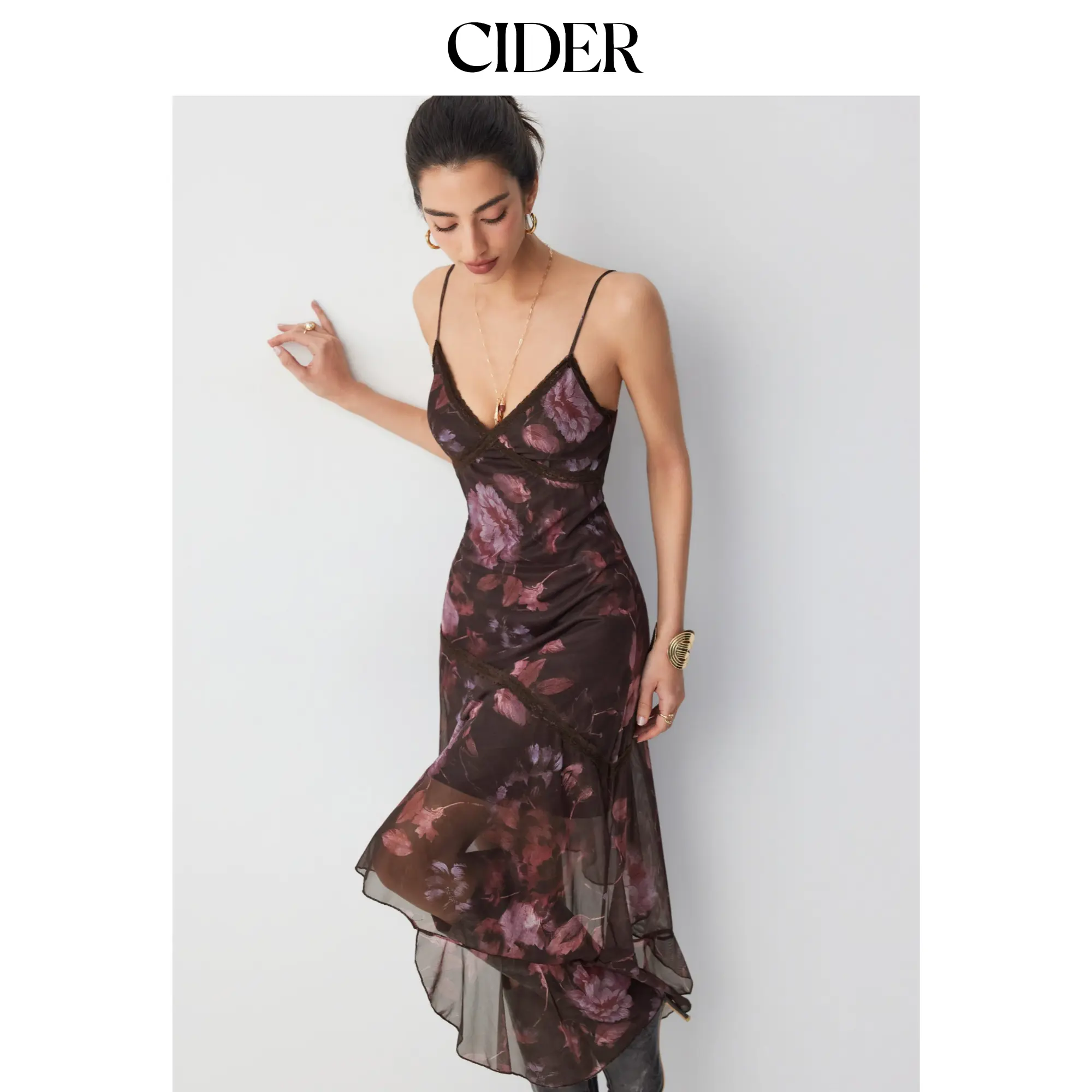 Cider Mesh Floral V-neck Lace Trim Asymmetrical Hem A-line Midi Dress