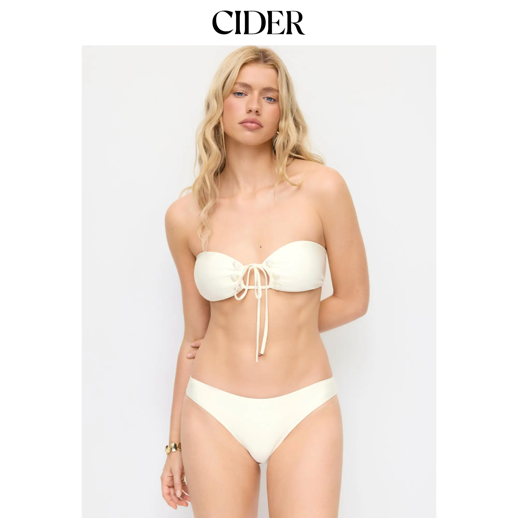 Cider Halter Neckline Shell Detail Ruched Tie Front Bandeau Low Rise Bikini Set