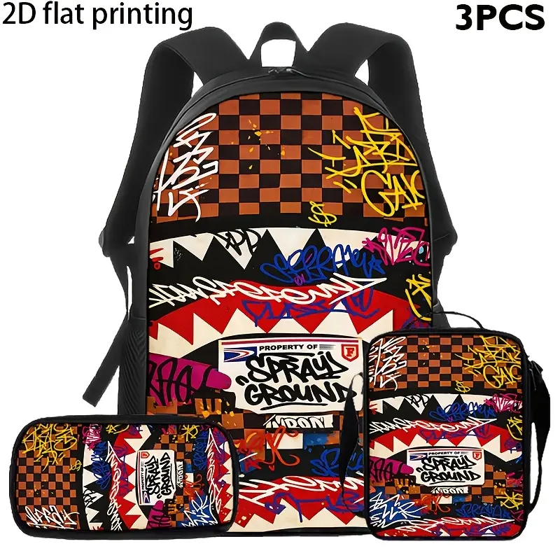 Urban Graffiti Shark 3-Piece Backpack Set, Checkerboard Street Art School Bookbag with Matching Lunch Bag and Pencil Case, Colorful Backpack for Kids Teens, Gift, Urban Art Travel Daypack Gift