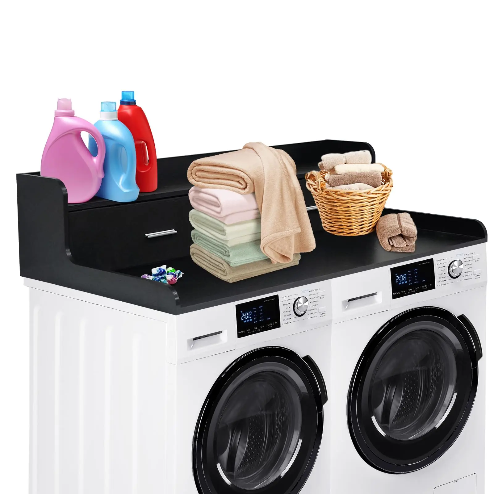 Garvee 2-Tier Washer Dryer Countertop with 2 Drawers, Wood Laundry Topper with 2.75" H Edge Rails and Anti-Slip Pads for for Washer and Dryer Laundry Hamper Counter Storage Organization, Full