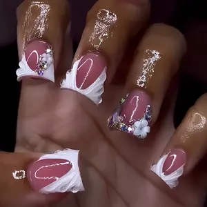 24pcs Duck Feet Press on Nails, Short Square False Nails with French Tip, French Nail Art, 3D Ruffle Lace & Rhinestone Charms, Reusable Acrylic Nails for Women