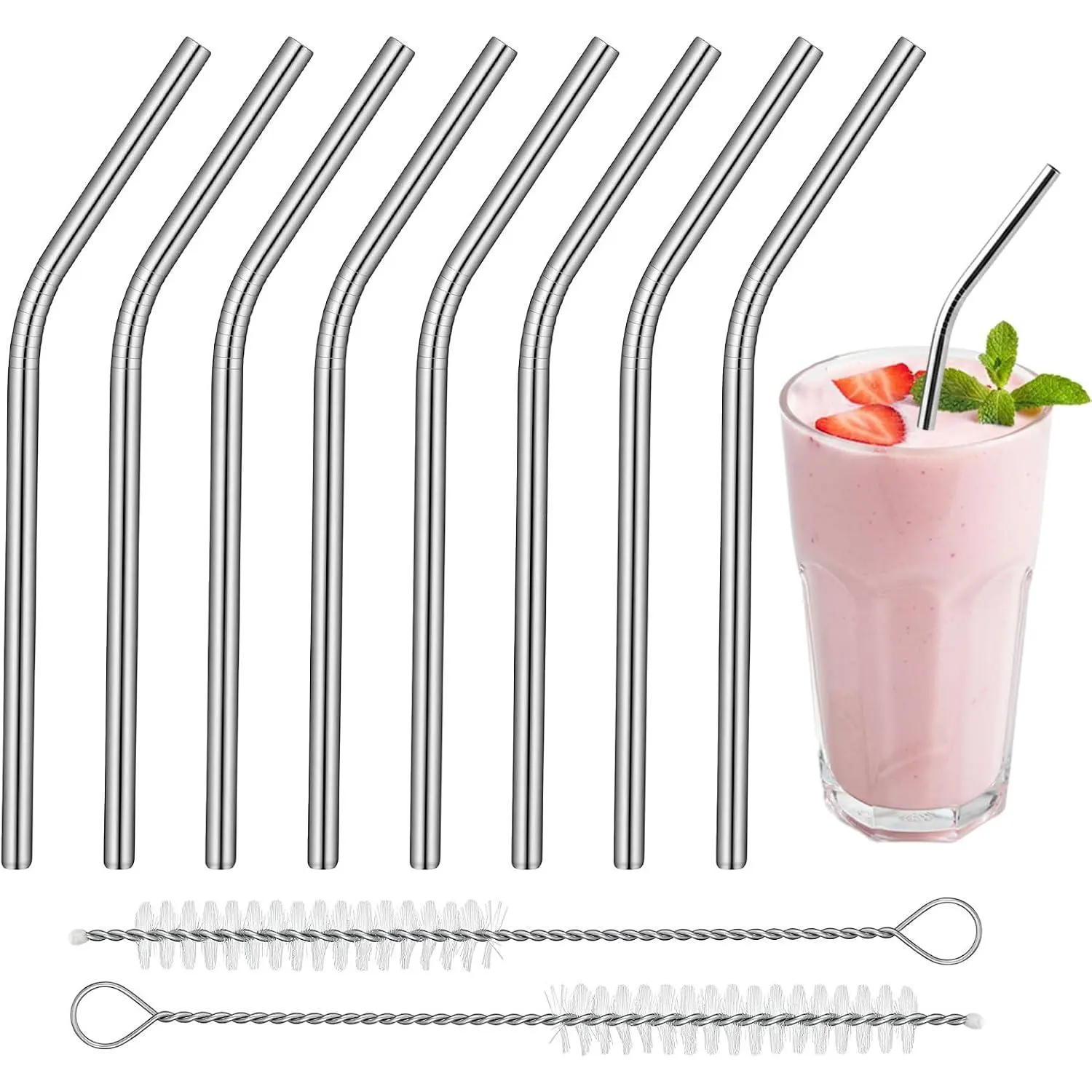 8 Pack 6 Inch Short Bent Metal  Straws, Stainless Steel Straws with 2 Cleaning Brush Portable  Drinking Straw for Coffee Mugs Small Glasses Cups