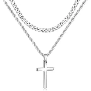 2 Pcs Cross Necklace Chain for Men and Women, Layered Mens Cross Necklaces Stainless Steel Pendant Cuban Link Rope Chain 16-26 Inch, Jewelry GiftGift.
