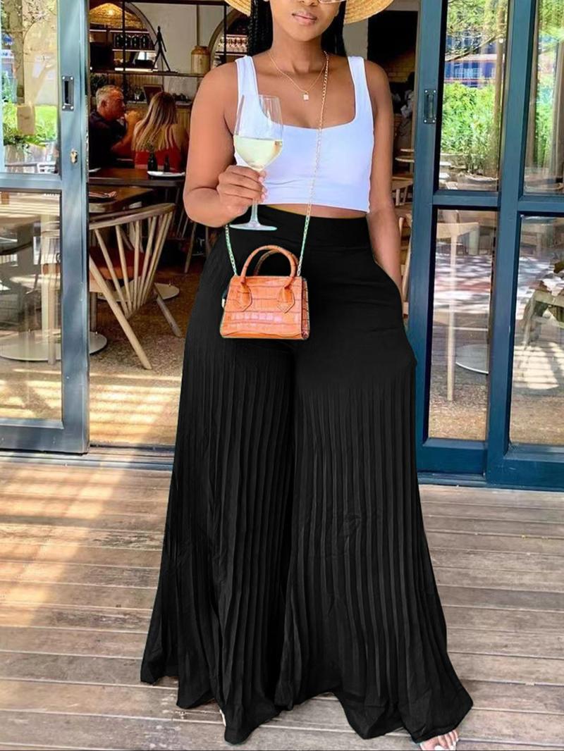 Women's Pocket Pleated Wide Leg Pants, Casual High Waist Trousers for Spring & Fall, Women's Bottoms for Daily Vacation Party