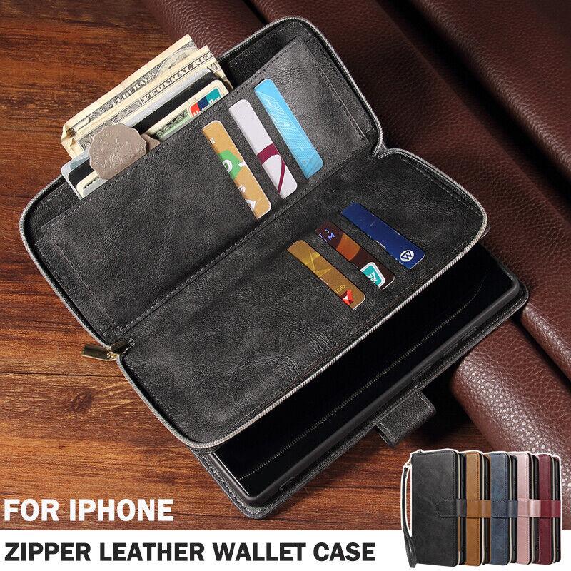 [Free !ship] For iPhone 17 Pro Max 16 15 Plus 14 Pro Max 13 12 11 Pro Max Luxury Large Capacity PU Leather Zipper Wallet Case Card Slots Cash Coin Purse Bag Full Shockproof Flip Stand Cover