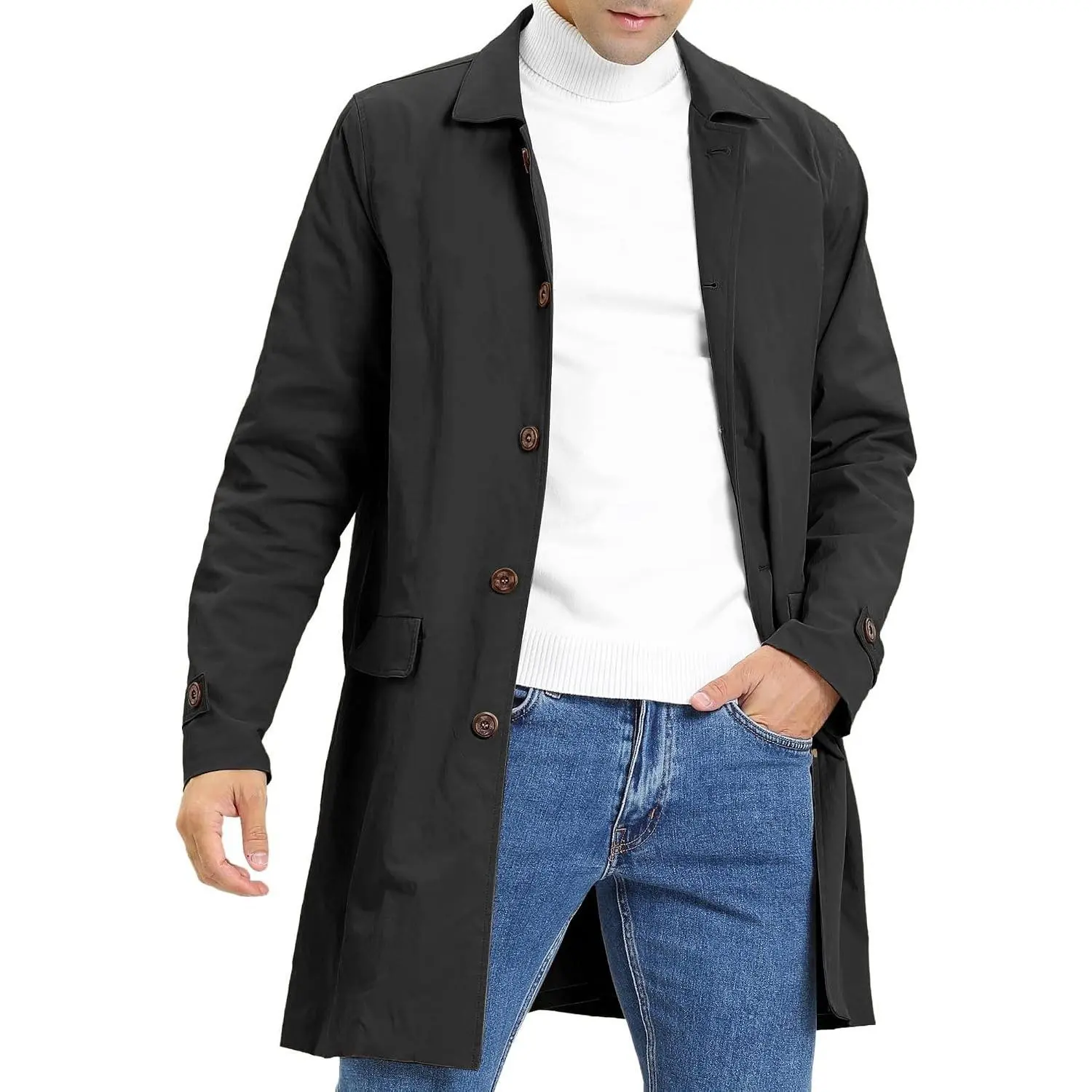 Mens Trench Coat Single Breasted Long Jacket Windbreaker Overcoat | Lapel Collar, Windbreaker Jacket, Casual, Solid Color, Side Pockets, Mid Length