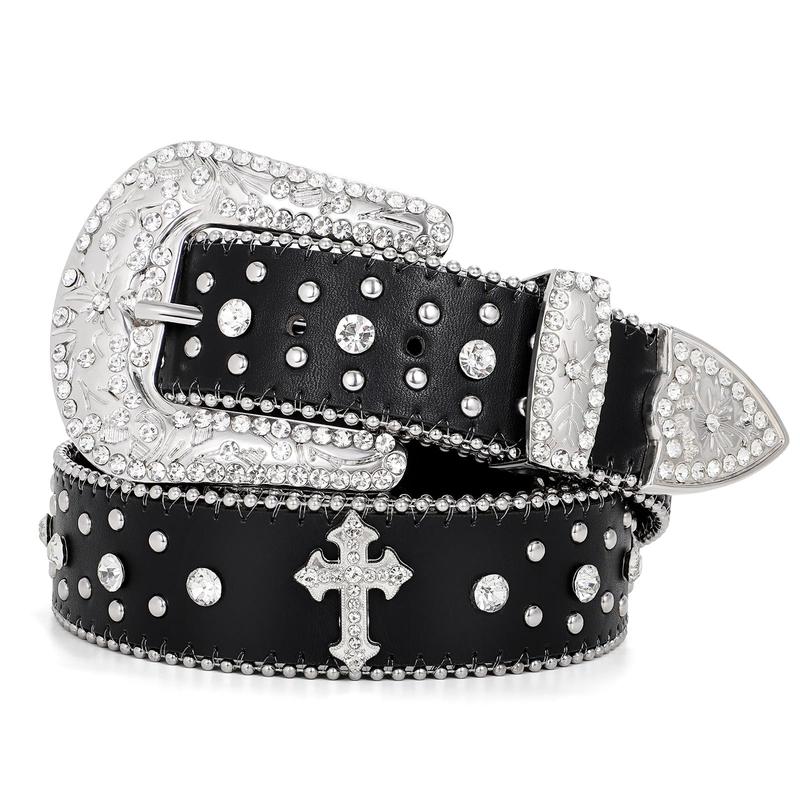 XZQTIVE Rhinestone Belt for Women & Men - A Fusion of Fashion & Western Charm, Cowgirl Cowboy Bling Style, Cross-Design Leather Belt with Diamond Studs, Perfect for Jeans & Dresses