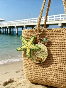Boho Mini Straw Hat Bag Charm, Coconut Tree & Starfish Design, Woven Rattan Summer Keychain, Tropical Pendant for Bags, Keys, Beach Travel, Gifts