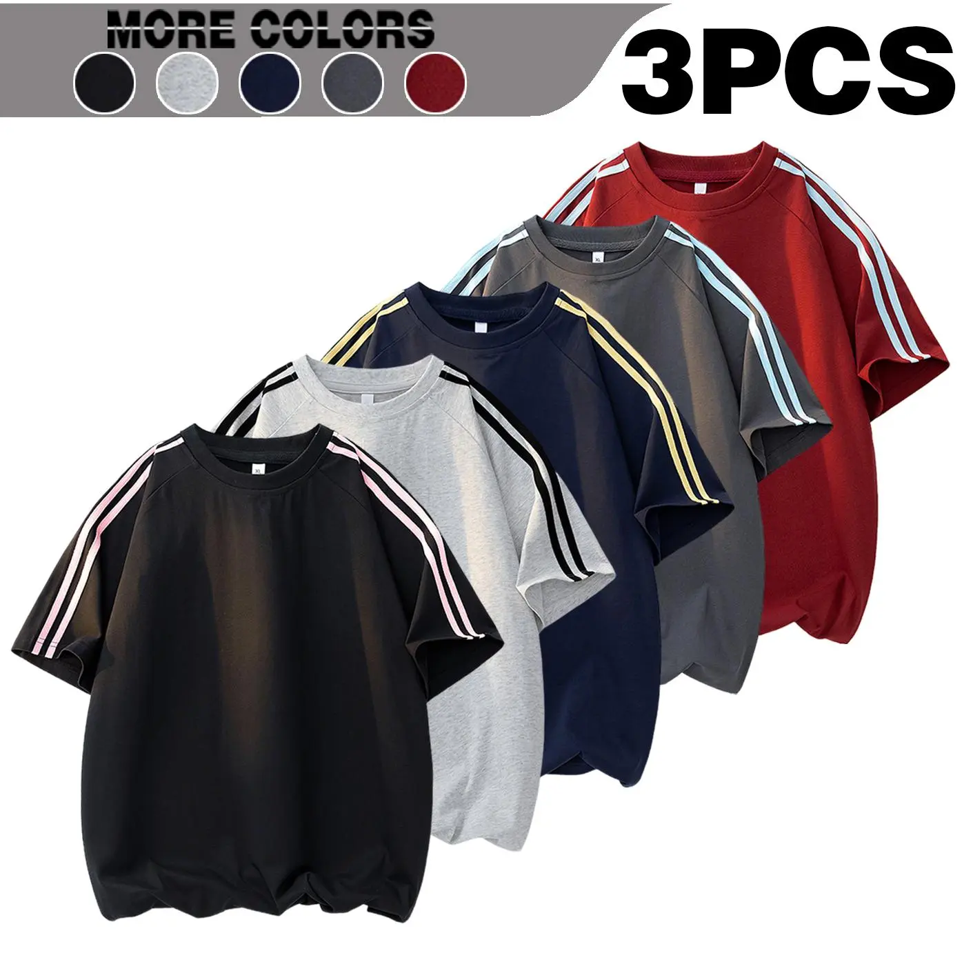 Men's Summer Double Bar Color Contrasting Retro Jumping Shoulder Sleeve T-shirt Loose, Casual, Soft, Skin friendly, Fashionable, ersatile, Trendy Men's Short Sleeve T-shirt