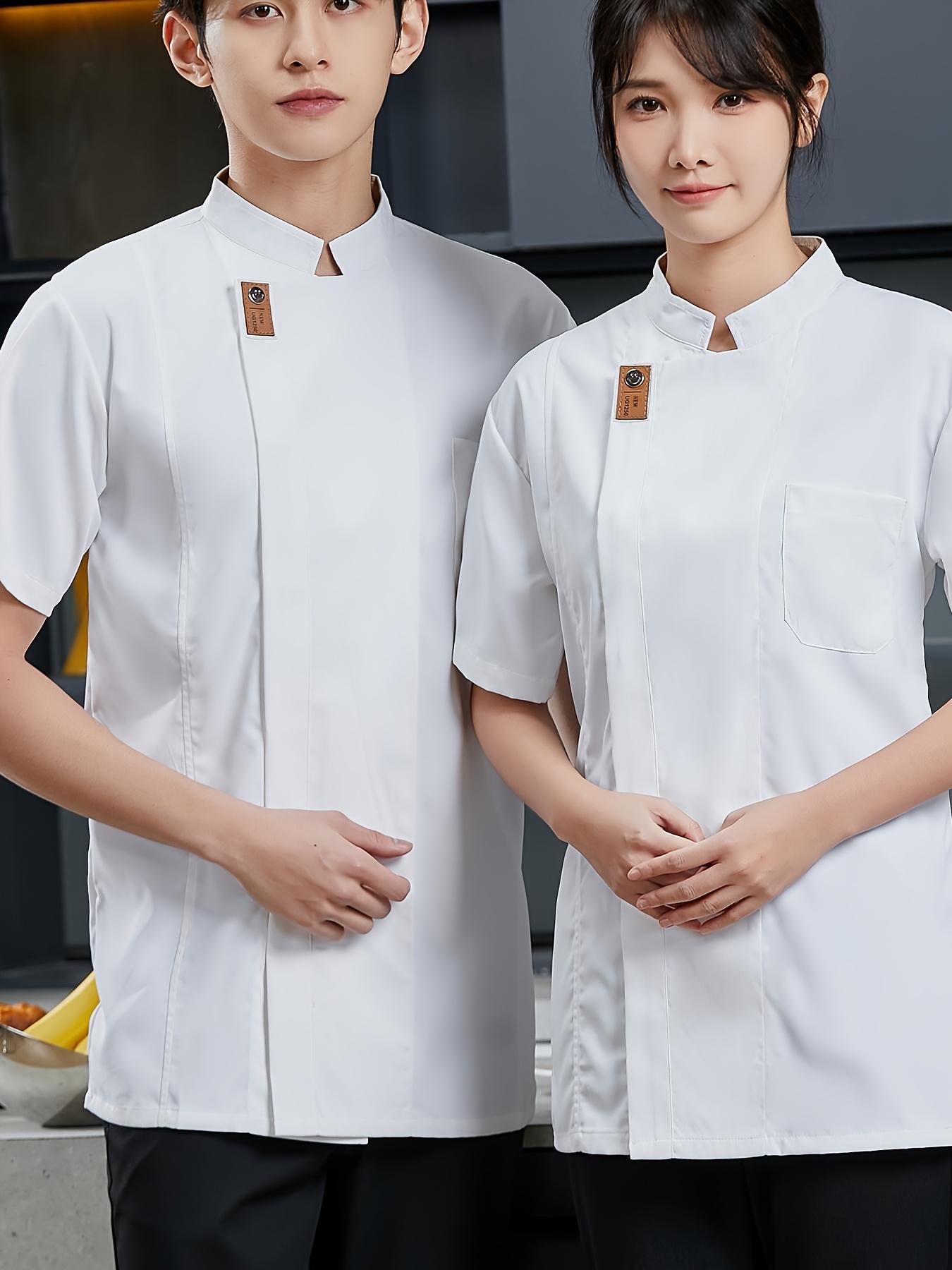 [Black Chef Uniform] Stylish Black Professional Chef Uniform - Short Sleeve Jacket with Pockets, Stand Collar, Polyester Fabric |     Ideal for Kitchen, Baking, and Restaurant Use, School Cafeteria Clothing, Machine Washable233