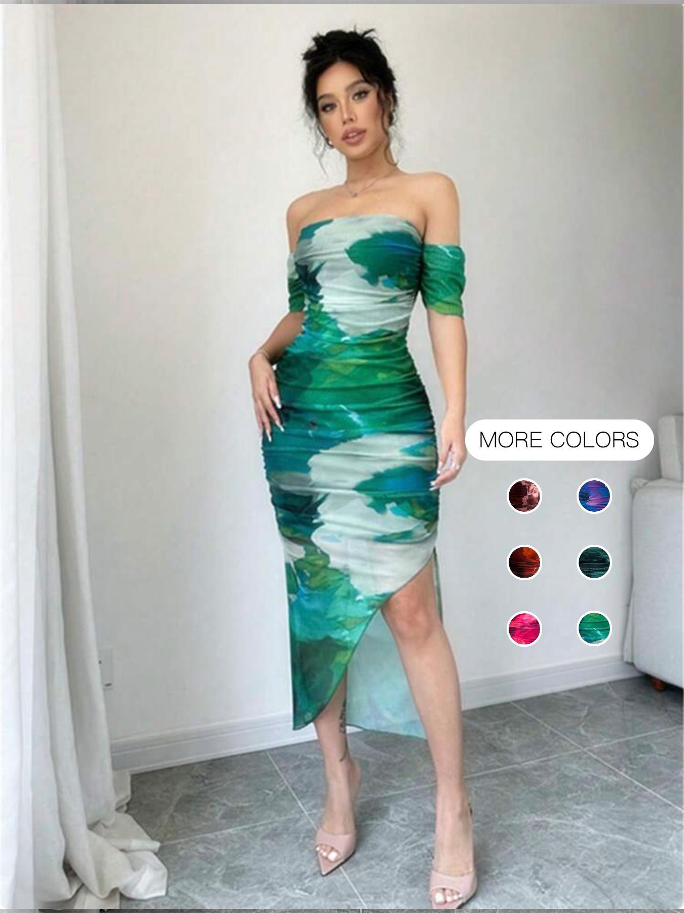 Women's All Over Print Off Shoulder Mesh Breathable Slit Dress, Elegant Chic Fashion Casual Dress for Party Club Dating Wear, Women Dress for Summer