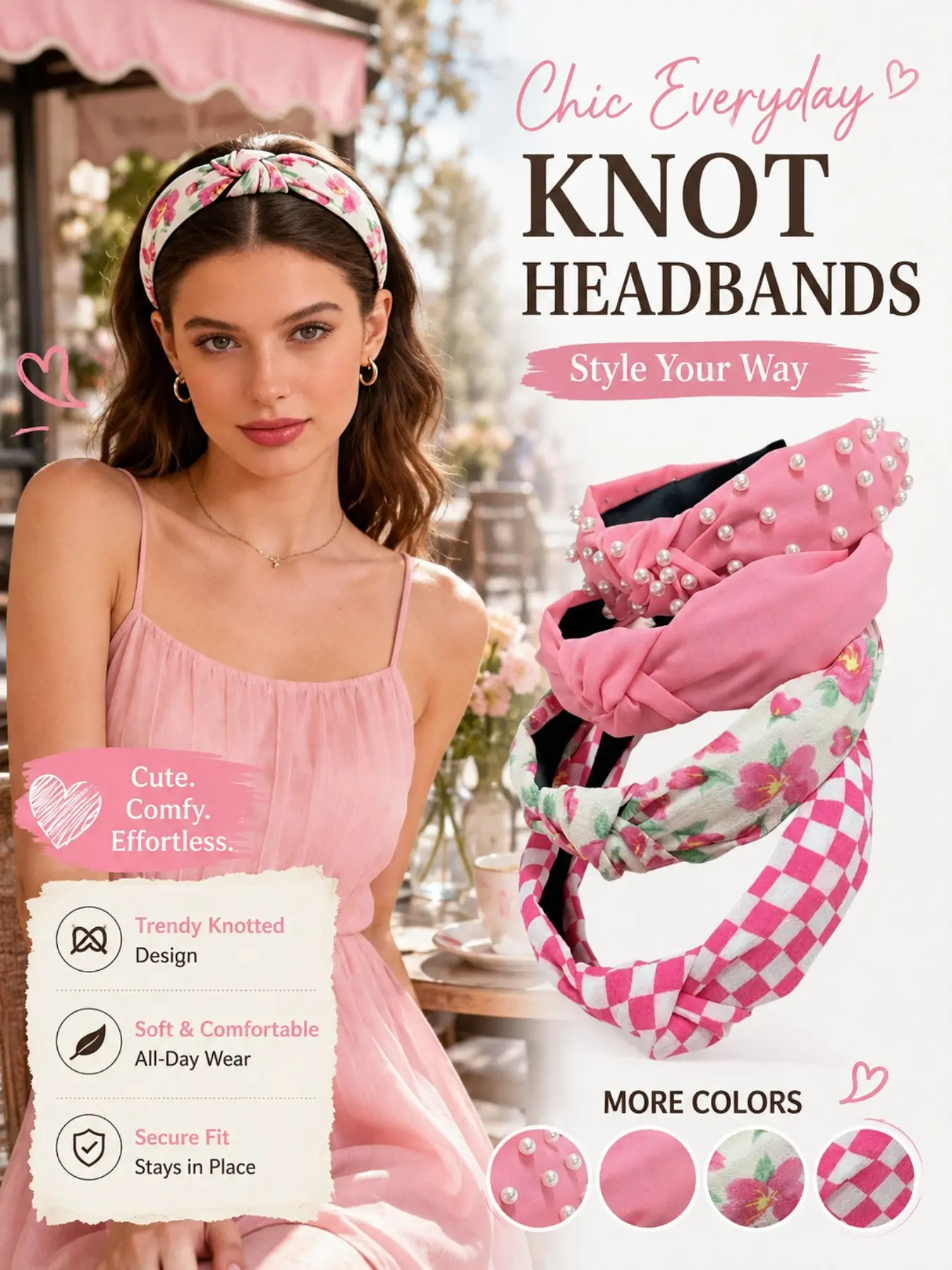 4PCS Faux Pearl Fabric Knot Headbands for Women, Elegant Rose Floral, Plaid and Solid Color Hair Bands for Daily Wear, Parties, Travel and All-Season Styling
