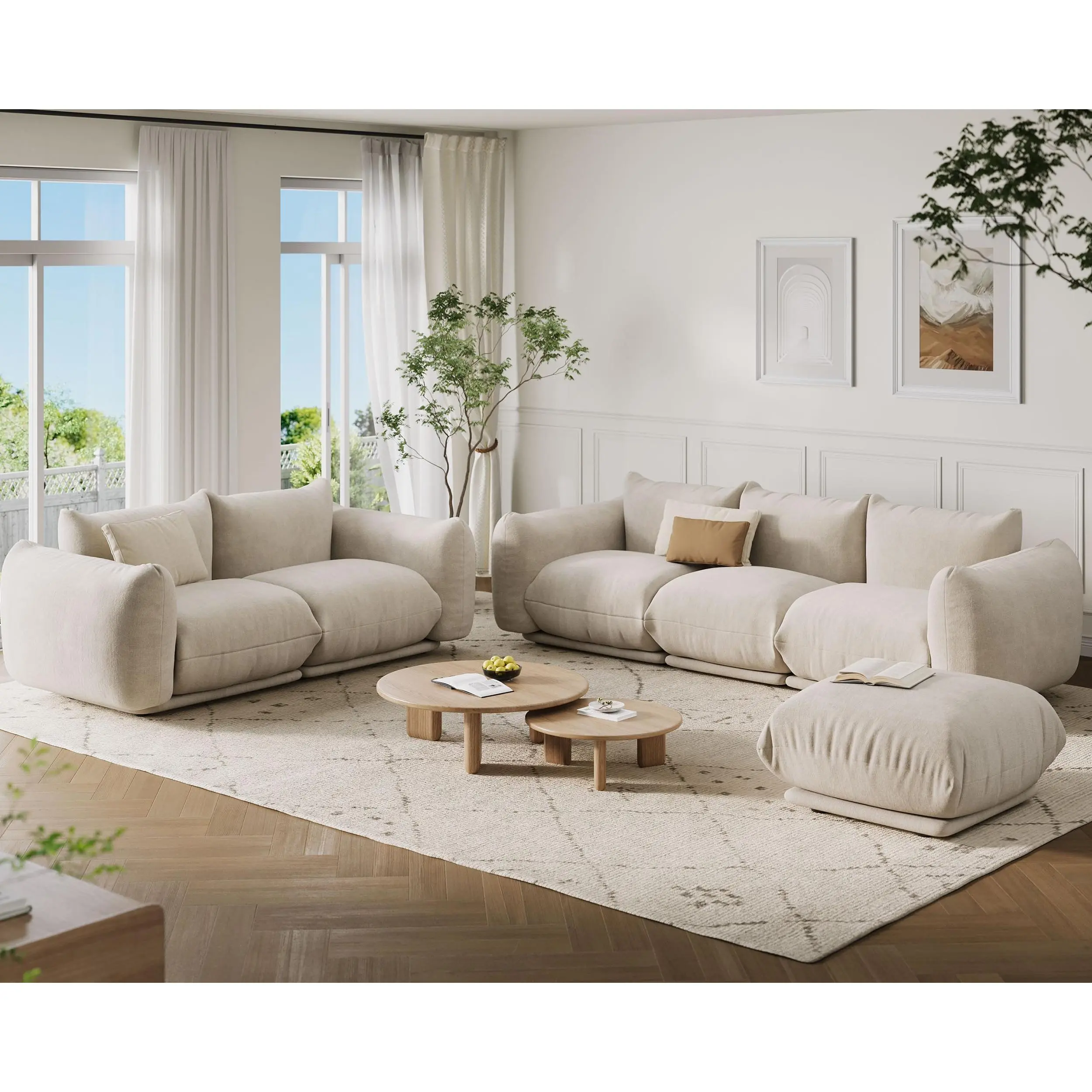 GAOMON Modular Chenille Fabric Sectional Sofa Set Featuring Two Loveseats with Boneless Design, Perfect for Living Rooms or Apartments, Available in Green and Beige Colors