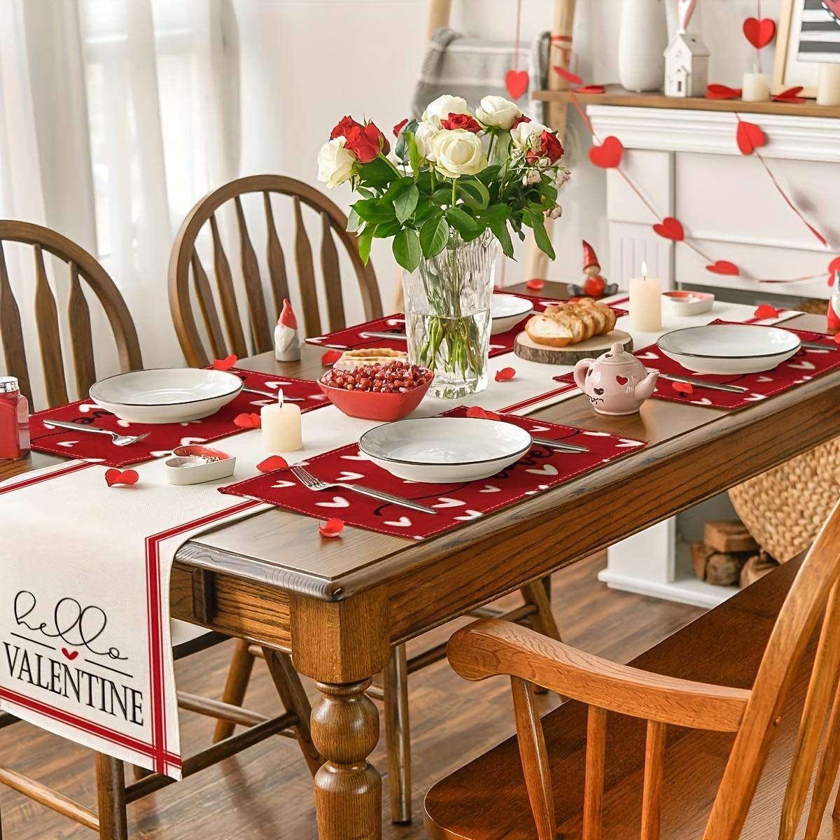 For Valentine's Day, Holiday Parties & Home Use, Table Protection & Decoration Solution, Red Heart Linen Placemats, Heat-resistant Non-slip Easy Clean, Effortlessly Create Romantic Holiday Dining Atmosphere, 4 Pack