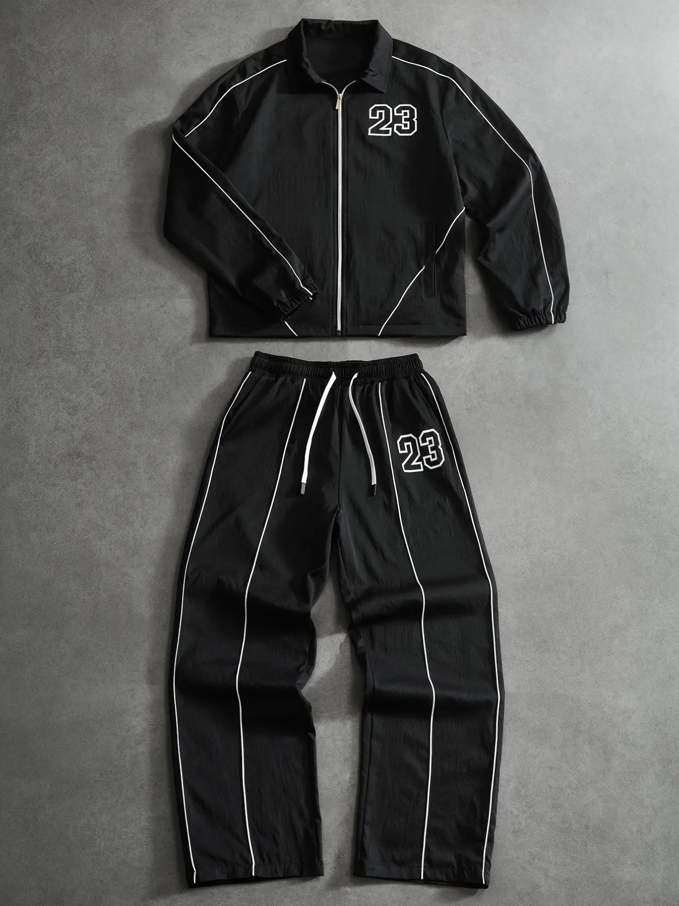 Vintage Style 23 Print Sports Set, Notch Lapel Jacket + Straight Leg Pants, Side Stripe Design, American Basketball Streetwear, Loose Fit