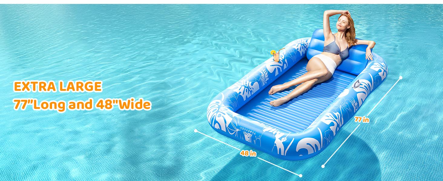 Inflatable Tanning Pool Lounger Float with Sprinkler, 77" x 48" Pool Floats Adult with Pillow, 6 in 1 Suntan Tub Raft Floatie with Drink Holder Sunbathing Water Lounge, kids play, splash pads