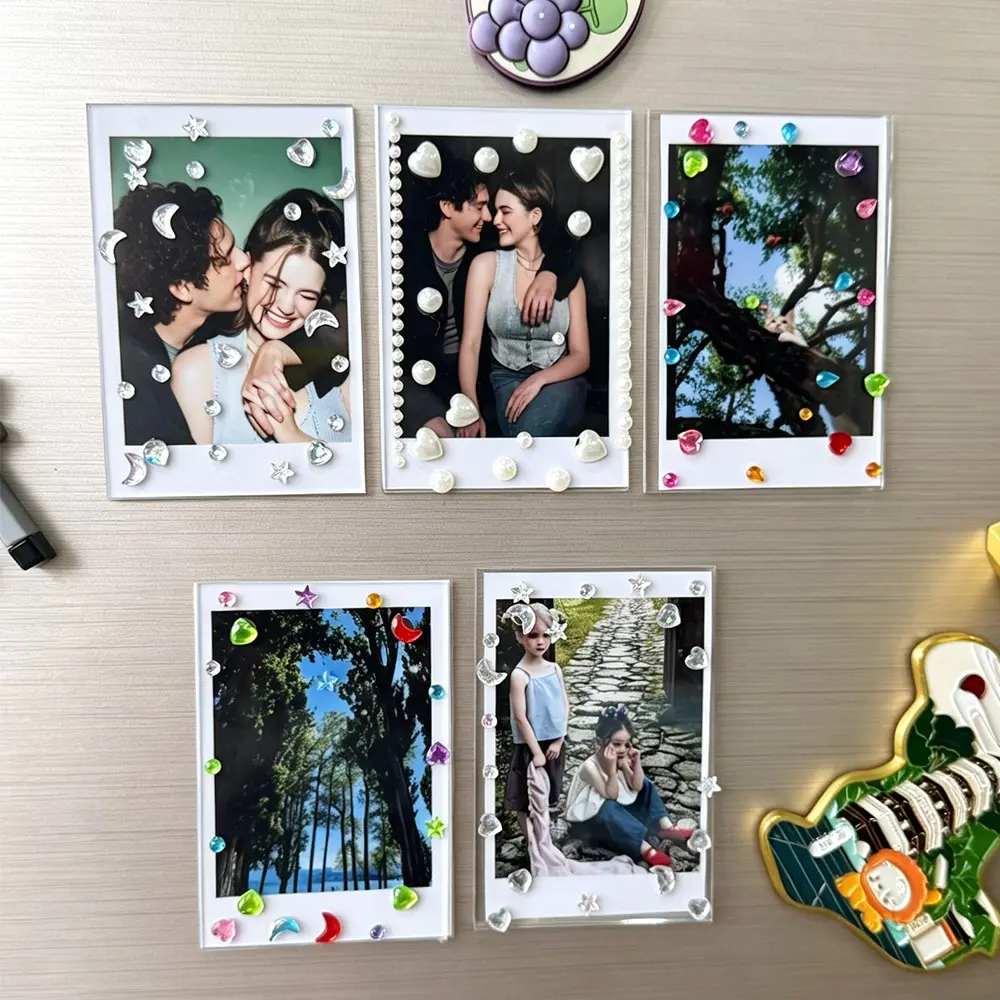 Cute DIY Fridge Magnet Photo Frame Set, 5 Pack Magnetic Picture Frames with Gem Sticker Kit, Aesthetic Refrigerator Decor, Customizable Photo Display Holder for Family Memories, Couple Photos, Birthday Gifts and Creative Home Decoration, Acrylic Frame
