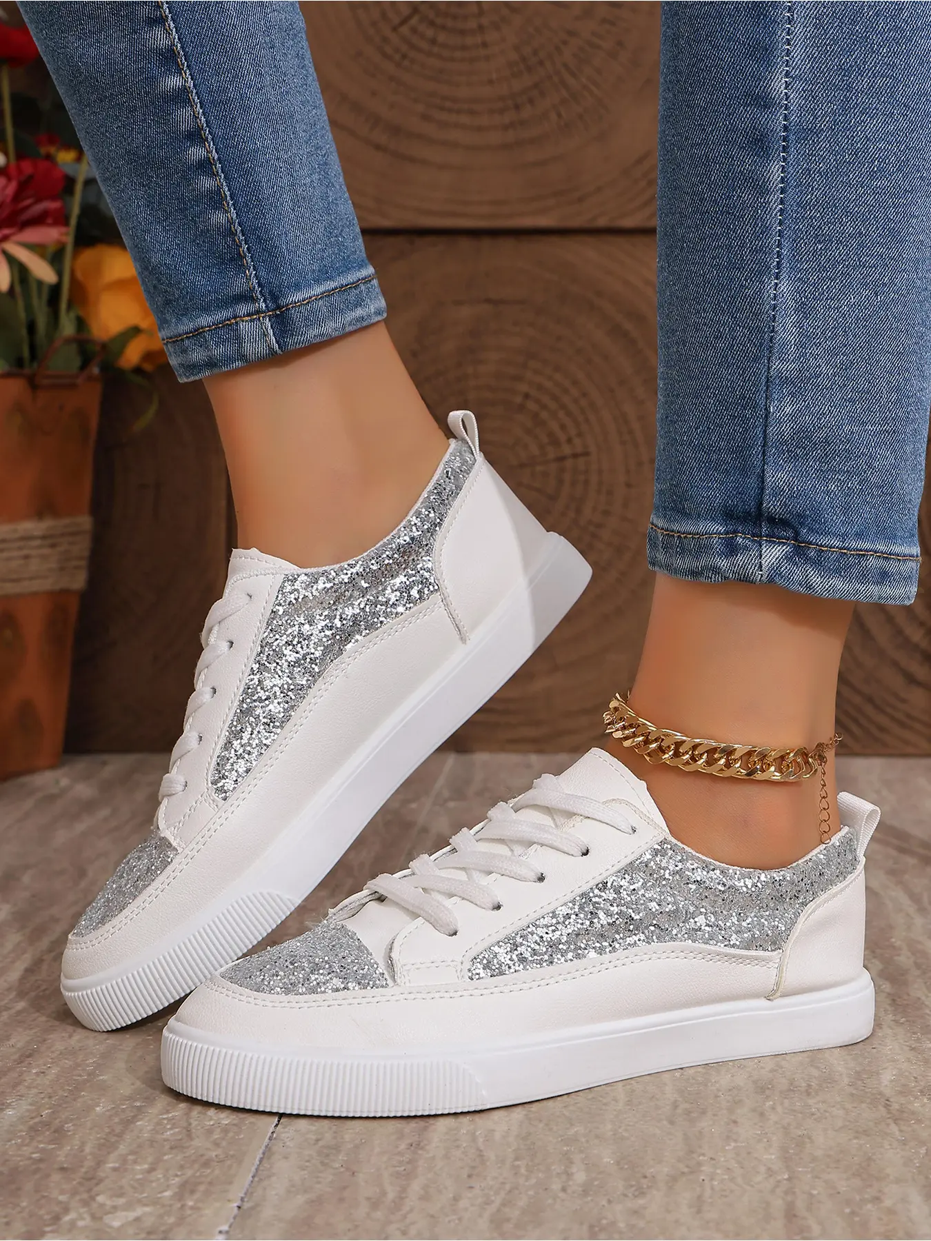 Glitter Patch Lace Up Casual Sneakers For Daily Street OOTD Shooting