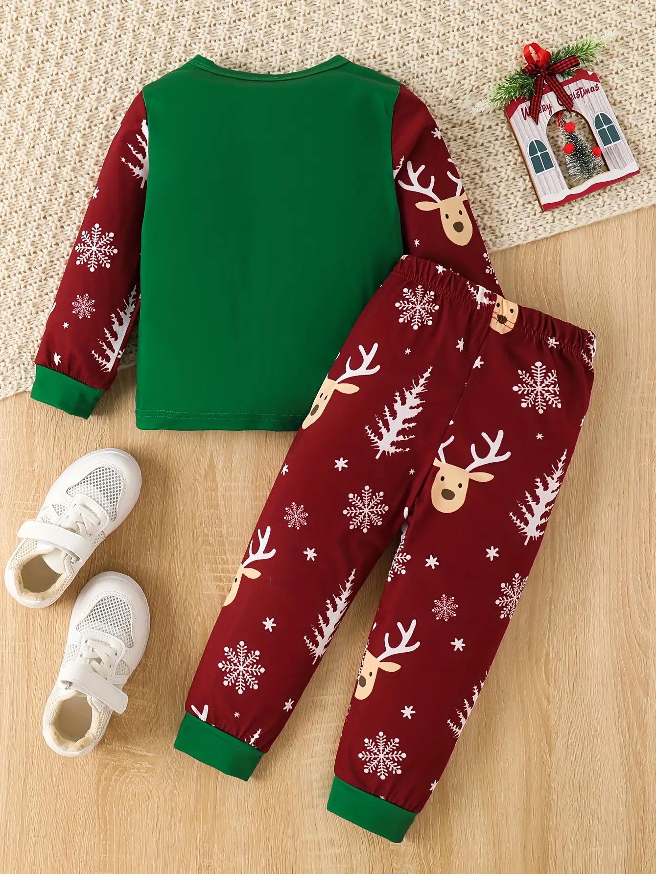 Children's Autumn Winter Christmas Santa Print Crew Neck Set, Toddler Boys Long Pants Two-Piece Set, Perfect for Outdoor