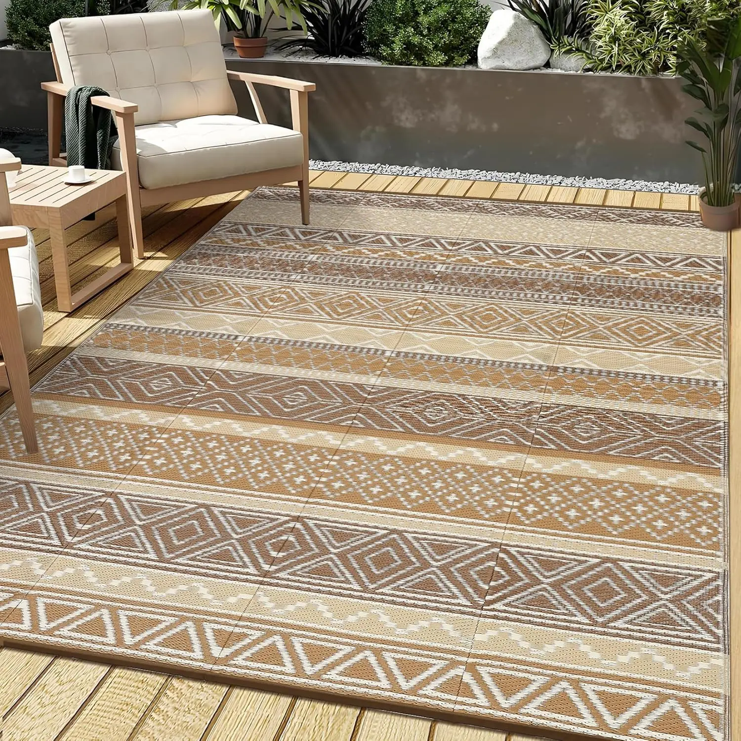 Durable Geometric Plastic Straw Mat - Waterproof Outdoor Rug, Foldable Reversible Carpet for Patio, RV, Outside Areas, Fade Resistant for Travel Trailers, Deck, Camper Balcony