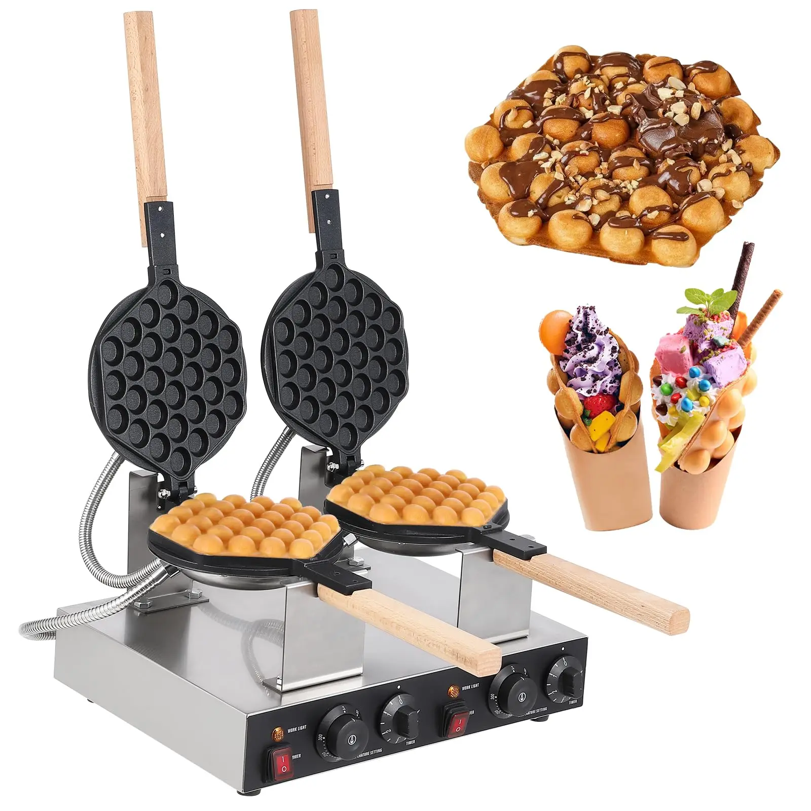 Commercial Bubble Waffle Maker with 2800W Double-Sided Heating, Nonstick Rotating Design, Adjustable Temperature and Timer, Stainless Steel Construction for Perfect Egg Waffles