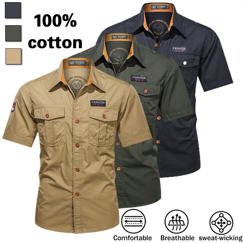 Summer Men Loose Cotton Short Sleeve Work Shirt, Epaulet Design Military Style Button Down Casual Cargo Shirts With Chest Pockets