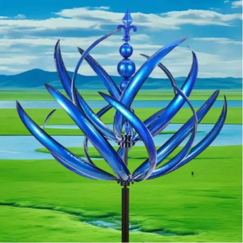 Outdoor Garden Decor Metal Wind Spinner Sculpture, Rotating Iron Windmill, Vibrant Wildflower Field and Mountain Landscape Design, Outdoor Wind Spinner