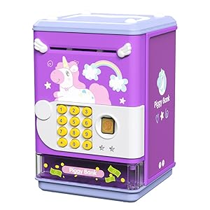 ZY   Mini ATM Savings Machine with Personal Password & Fingerprint Unlocking Simulation - Music Box with Songs for, Boys and Girls 3-8 Years (Purple) Decor Piggy Transparent Set Ornaments Pink Add Swipe Card Function