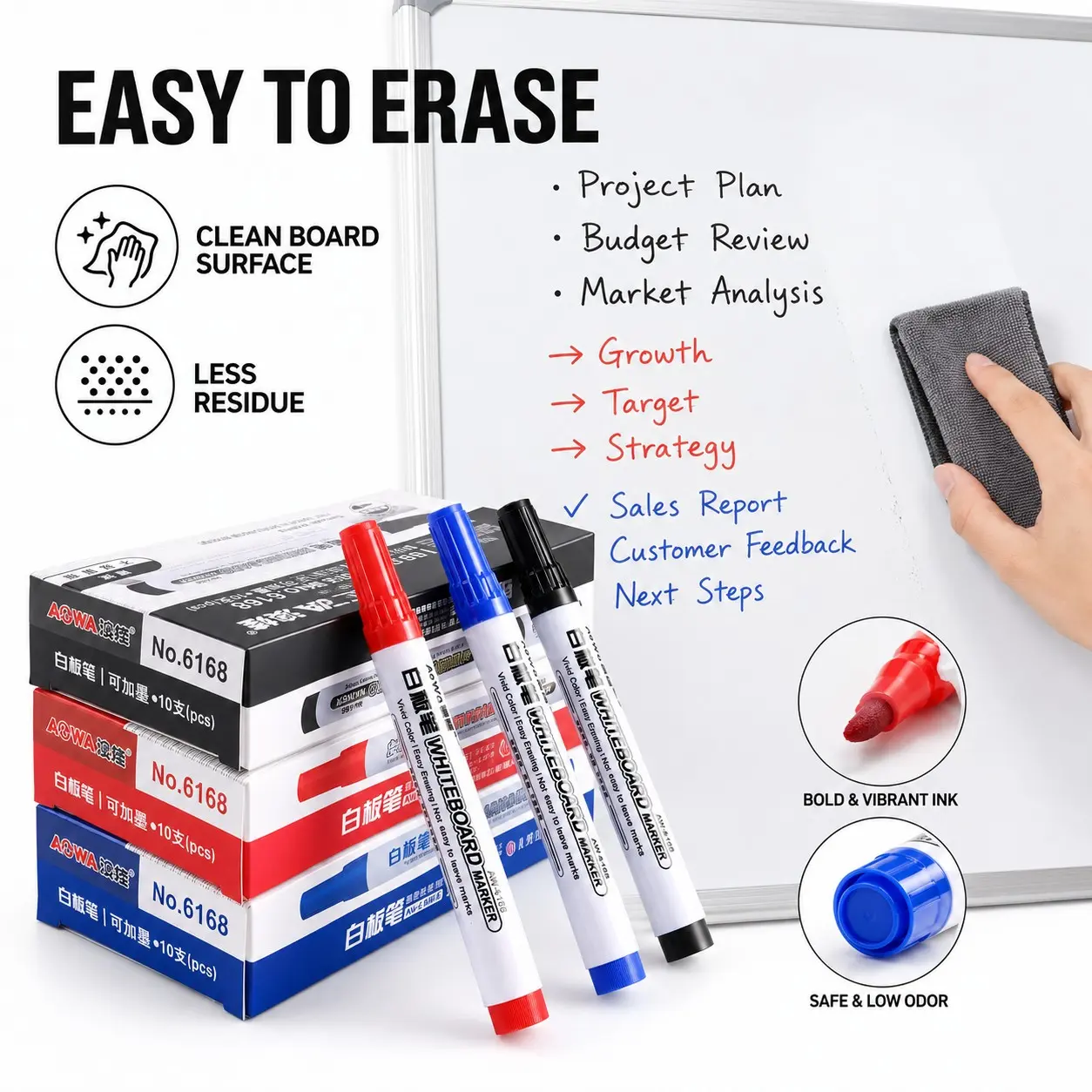 12-Pack Refillable Whiteboard Markers, Blue Erasable Office Teaching Whiteboard Pens, Meeting Classroom Home Writing Tools