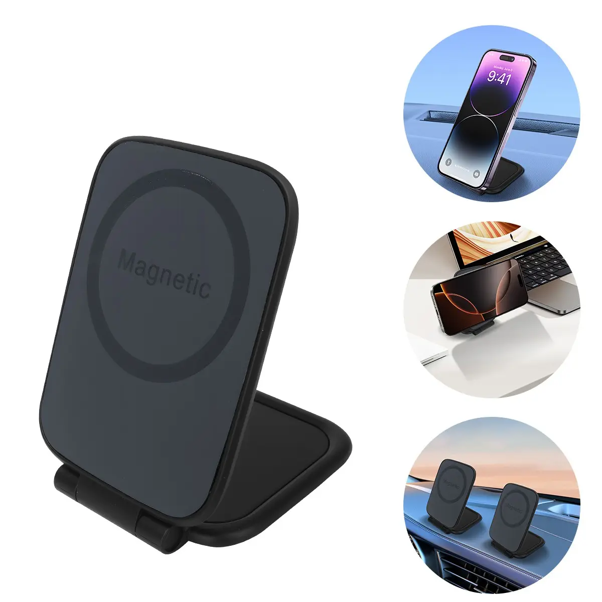 Foldable Phone Stand, Ultra-Thin Magnetic Base, Supports Magsafe, Portable and Compact, Ideal for Home Office, Travel, Car