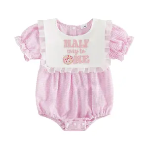 Infant Baby Girl Half Year Birthday Romper Striped Donut Letter Embroidered Short Sleeve Bubble Bodysuit Cute Clothes 3-12 Months