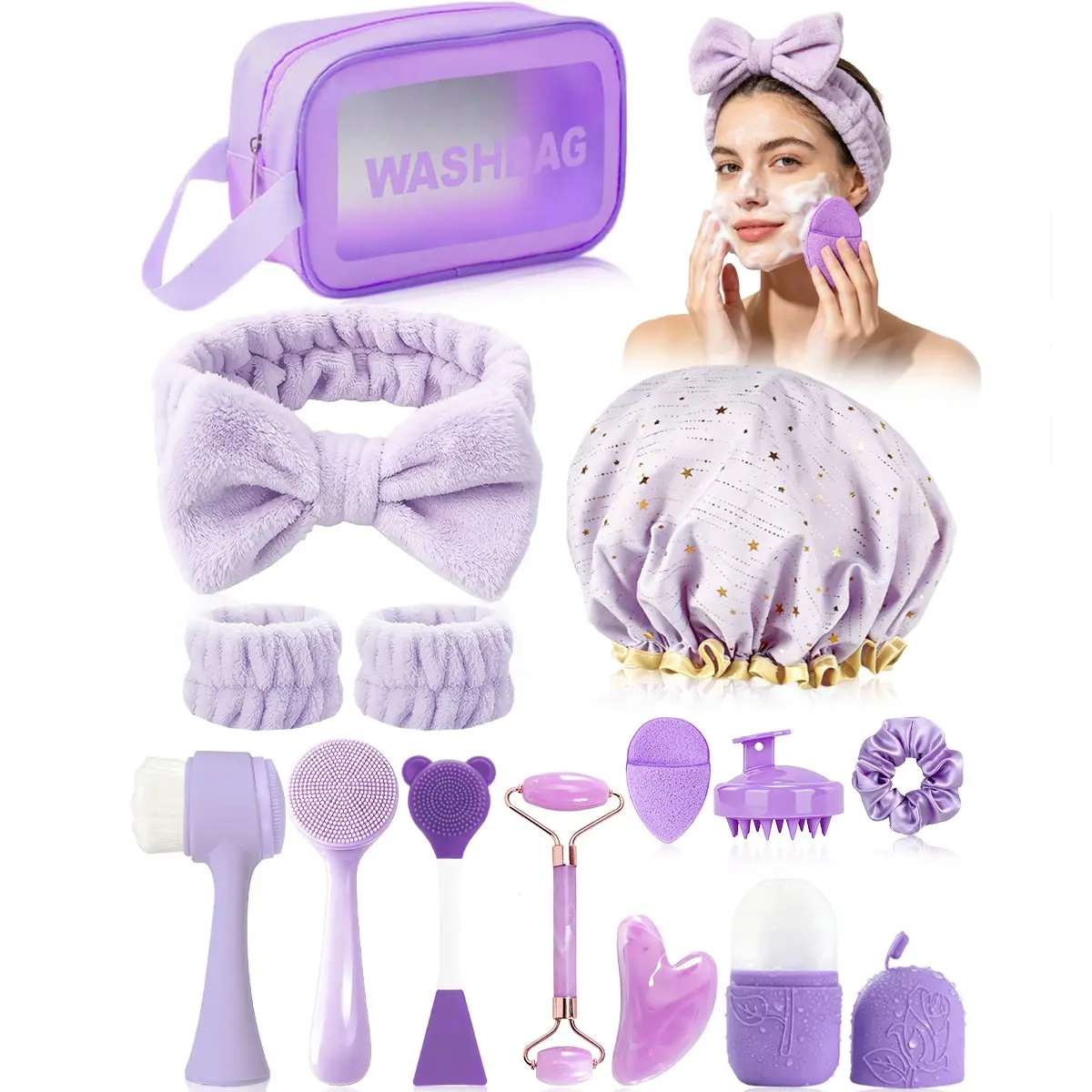 14pcs Facial Beauty Massage Tool Set, Women's Grooming Kit, Hair Accessories, Makeup Bag, Ideal Gift for Students, Moms, Sisters