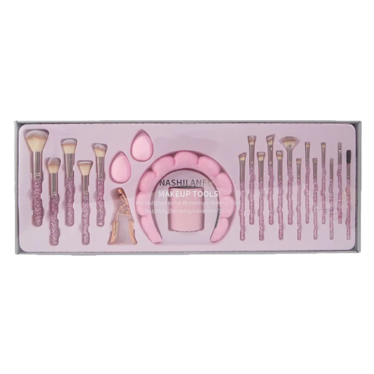 Diamond Handle Makeup Brush Set, 23-Piece Gift Set for Face Cosmetics with Headband & Eyelash Curler for Adults, Includes Curler, Artificial Fiber, Set Pack